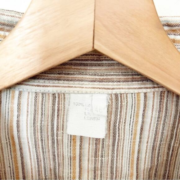 Womens Linen Button-Down Shirt Beige Striped Long Sleeves Collared Size 46 - Picture 3 of 4